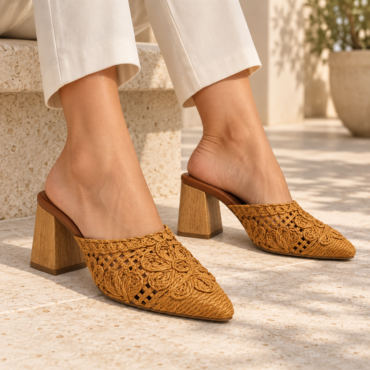 Tacones Natasha de tejido artesanal y tacón ancho