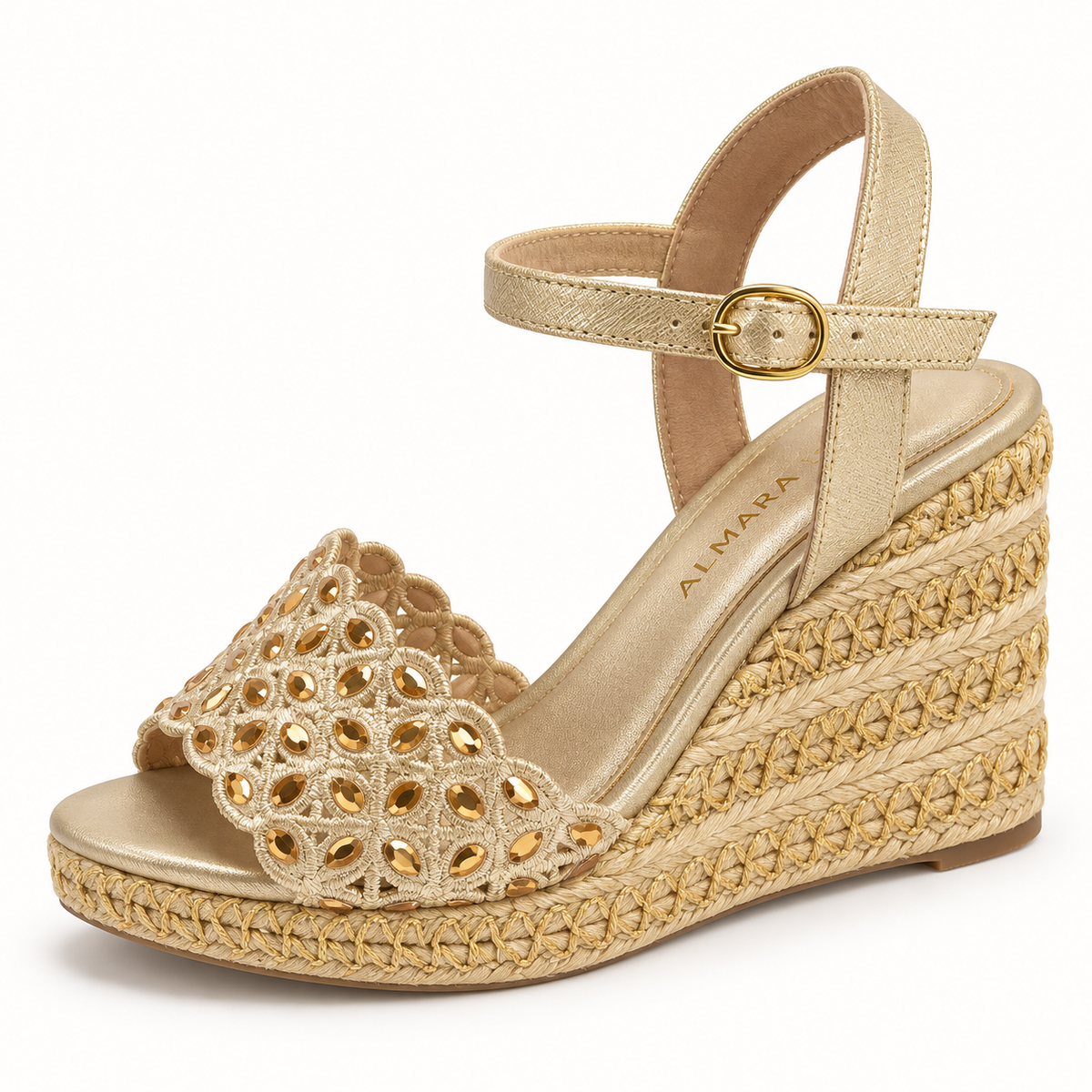 Sandalias de cuña Loreta con yute y calado floral